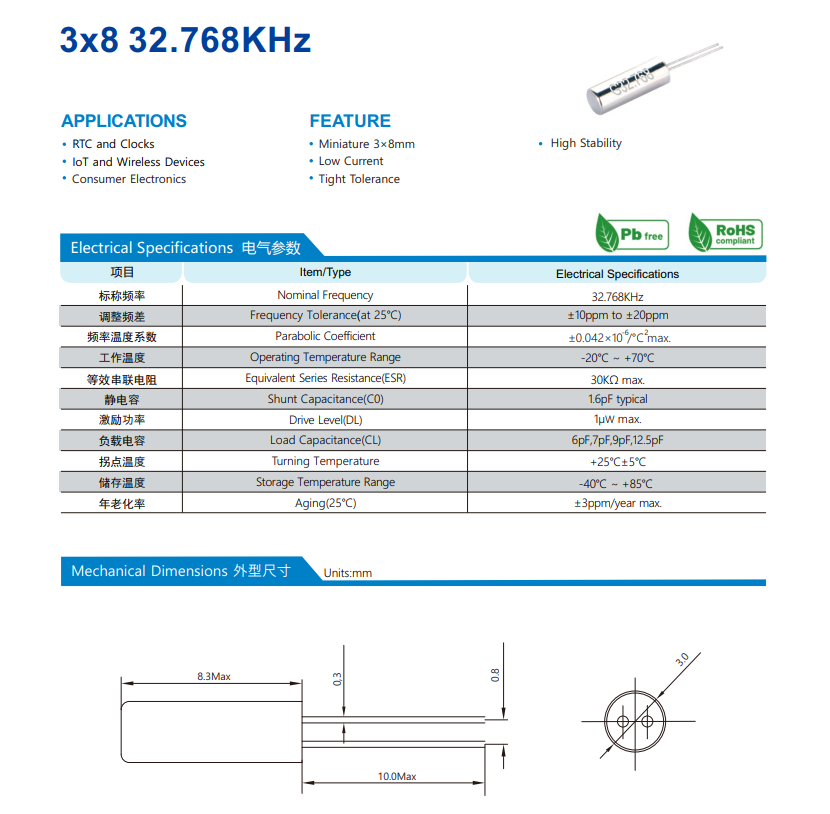 常见32.768KHz晶振封装尺寸及负载电容 常见32.768KHz晶振封装尺寸及负载电容