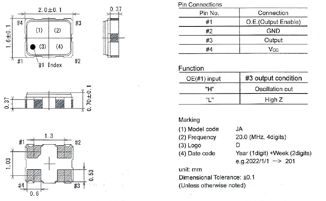 CMOS输出温补晶振TCXO2016 20MHz DSB211SJA规格参数